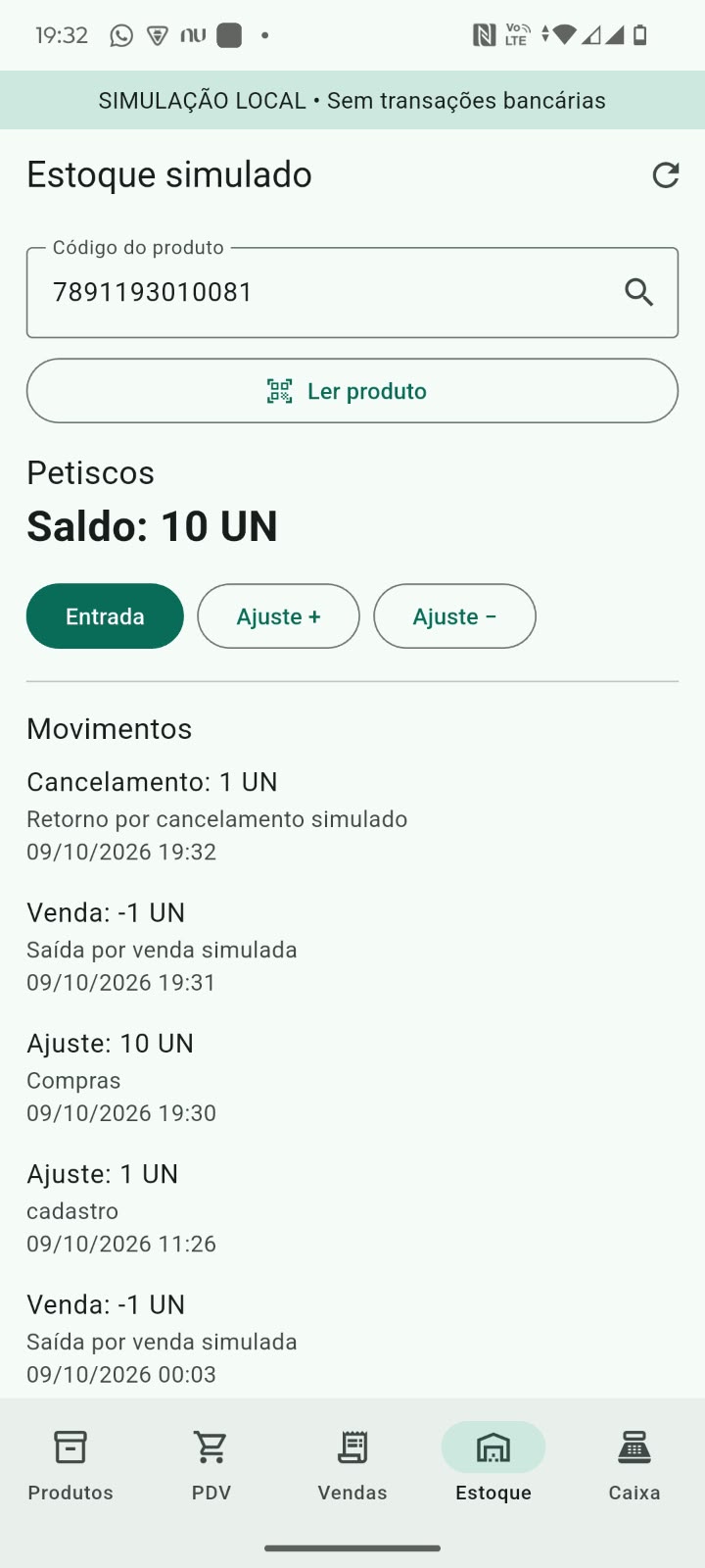 Tela do estoque: saldo do produto e histórico de movimentações em ambiente de simulação