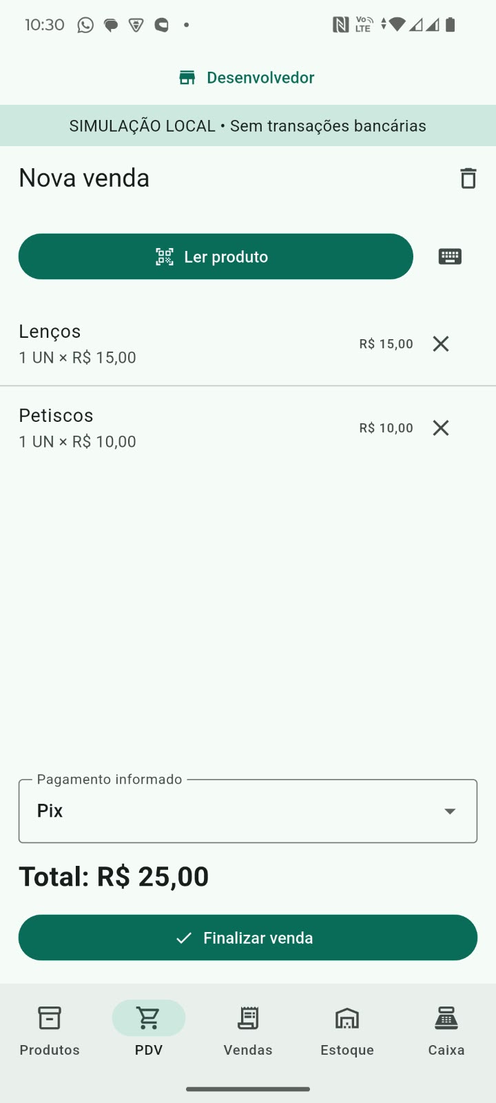 PDV do PetFlow com dois produtos no carrinho e total da venda em ambiente de simulação